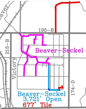 Some residents of the Grandview Estates subdivision plan to file an appeal of the Beaver-Seckel ditch rehabilitation project that has been approved by the Marion County Commissioners. The residents contend that the benefits of the project do not outweigh the high cost that some of them will incur in assessments paid to the county. The section of ditch outlined in purple is the area that will be rehabilitated.
