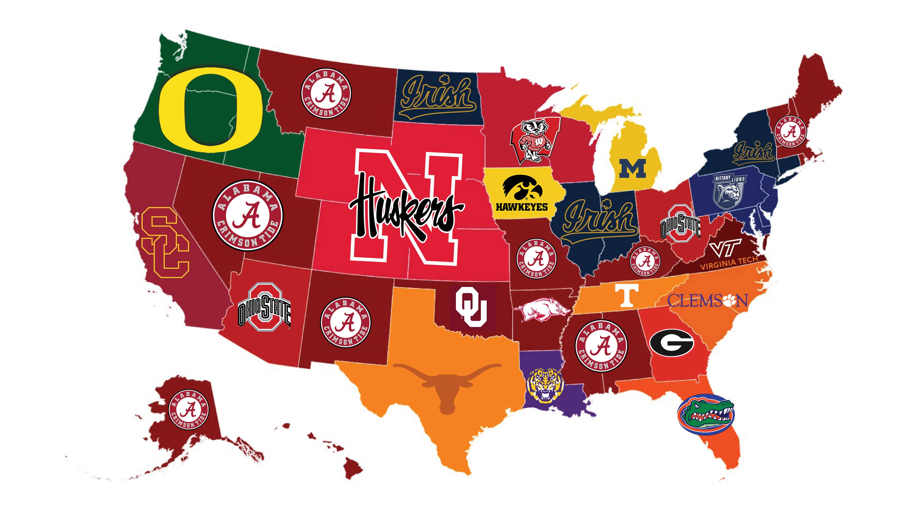 Who are the most college teams? Alabama leads