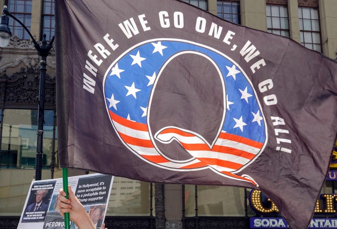 QAnon demonstrators protest in Los Angeles in 2020.