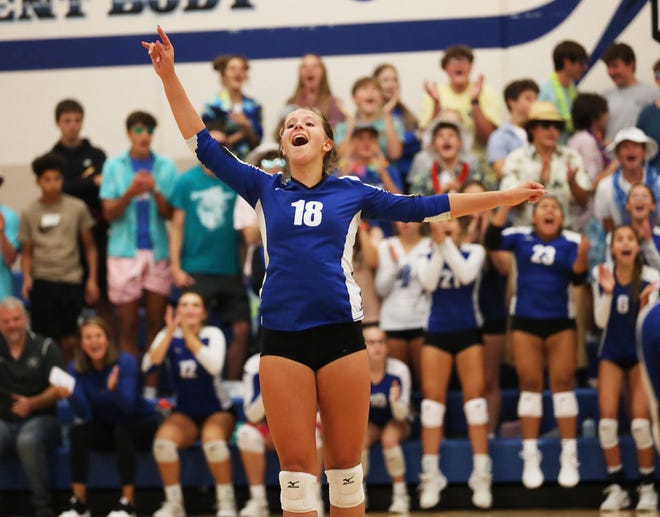 Danville High School's Kenna Furnald celebrates a point in Thursday's volleyball match against Notre Dame.