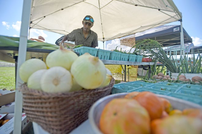 Saranga Dissanayak sorts his produce Thursday afternoon before the North End Community Improvement Collaborative North End Farmers Market opens.