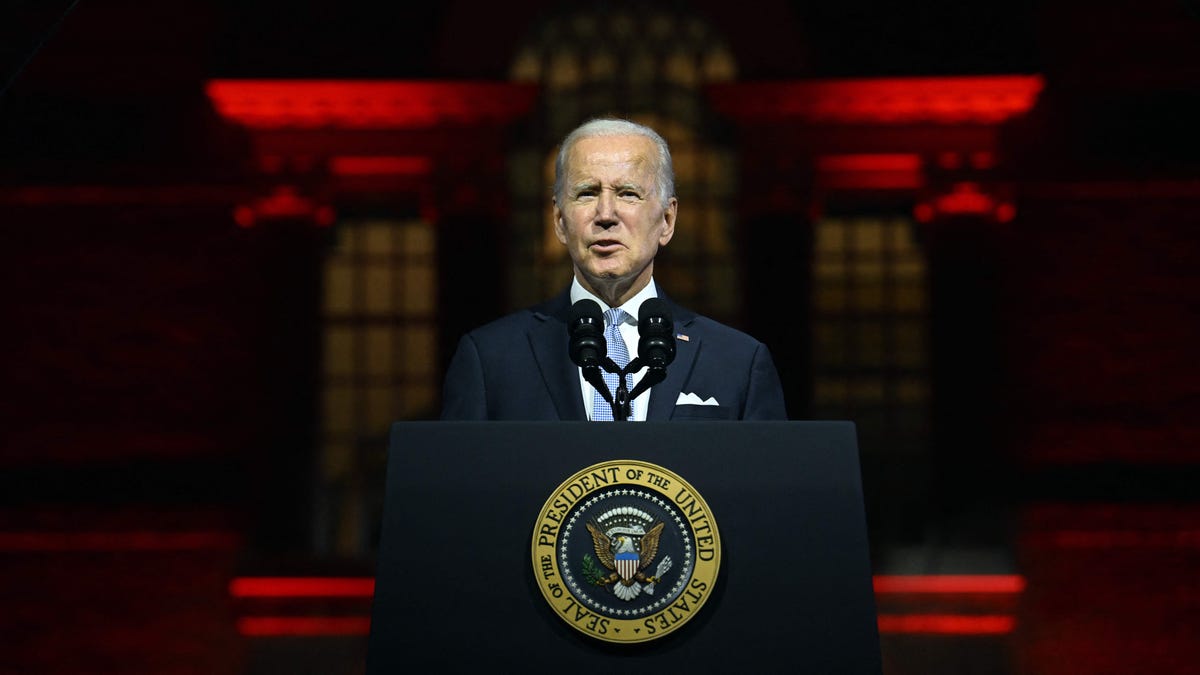 "Too much in our country is not normal," President Joe Biden says on Sept. 1, 2022, in a 24-minute speech outside Independence National Historical Park in Philadelphia. "Donald Trump and the MAGA Republicans represent an extremism that threatens the very foundations of our republic."