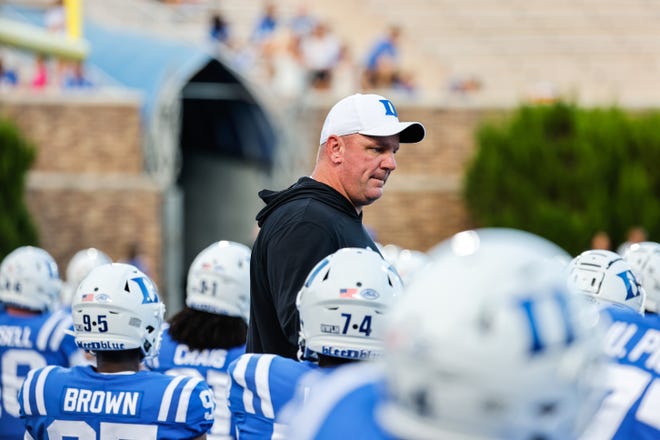 Sep 2, 2022; Durham, North Carolina, USA;  Duke Blue Devils head coach Mike Elko during warmups before their game against Temple University at Wallace Wade Stadium. Mandatory Credit: Jaylynn Nash-USA TODAY Sports