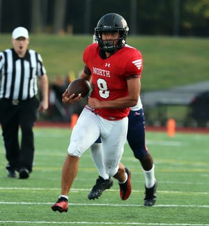 Zach Moore ran for 140 yards and three touchdowns as North Hagerstown opened its season with a 21-17 win over Thomas Johnson on Sept. 2, 2022, at Mike Callas Stadium.