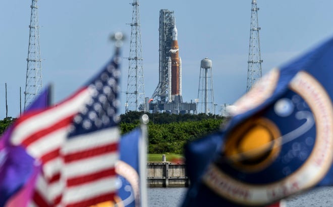 Artemis I remains on the launch pad Saturday morning, Sept. 3, 2022. A hydrogen leak scrubbed the latest launch attempt.
