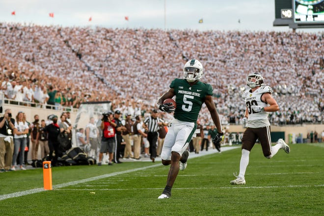 Michigan State University wide receiver Jermie Bernard (5) scored a touchdown in the first half against Western Michigan on Friday, Sept. 2, 2022 at Spartan Stadium in East Lansing.