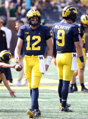 Michigan Wolverines quarterback Cade McNamara (12) warms up before action against the Colorado State Rams on Saturday, September 1.  3, 2022.