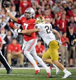 Ohio State quarterback CJ Stroud threw for 223 yards and two touchdowns against Notre Dame.