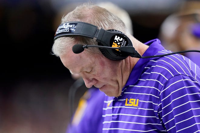 LSU head coach Brian Kelly looks towards the ground in the second half of an NCAA college football game against Florida State in New Orleans, Sunday, Sept. 4, 2022. Florida State won 24-23. (AP Photo/Gerald Herbert)