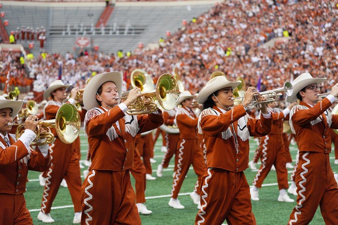 The Texas Longhorns Pep Band performs Sept. 3 before the season opener at Royal-Memorial Stadium. The University of Texas has said that it will create a new university band that won't play "The Eyes of Texas," but UT has missed its fall 2022 goal for forming that new band.