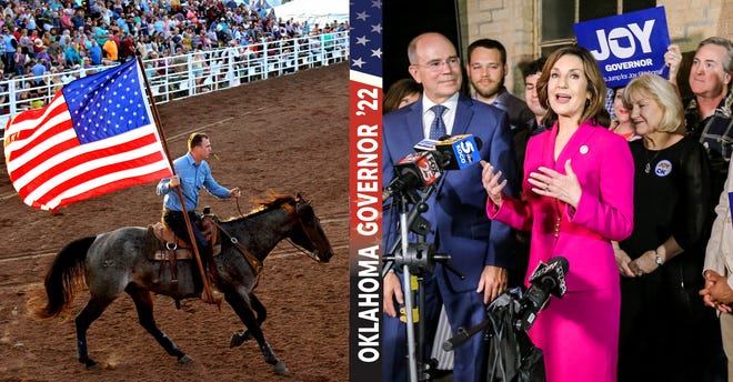 Gov. Kevin Stitt carries the American flag during the 101 Wild West Rodeo's Military Appreciation Night on June 11 in Ponca City. (CALLEY LAMAR/PONCA CITY NEWS)
Democratic gubernatorial candidate Joy Hofmeister talks to the media at her watch party in Oklahoma City on June 28. (NATHAN J. FISH/THE OKLAHOMAN)