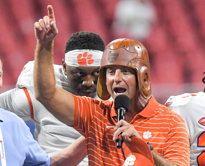 Clemson head coach Dabo Swinney thanks fans and players after the game at Mercedes-Benz Stadium in Atlanta, Georgia on Monday, September 5, 2022. Clemson won 41-10.