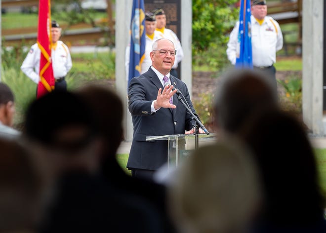 Louisiana Governor John Bel Edwards is shown during the opening ceremony and ribbon cutting for the Veterans Memorial at Moncus Park in Lafayette Sept. 6.