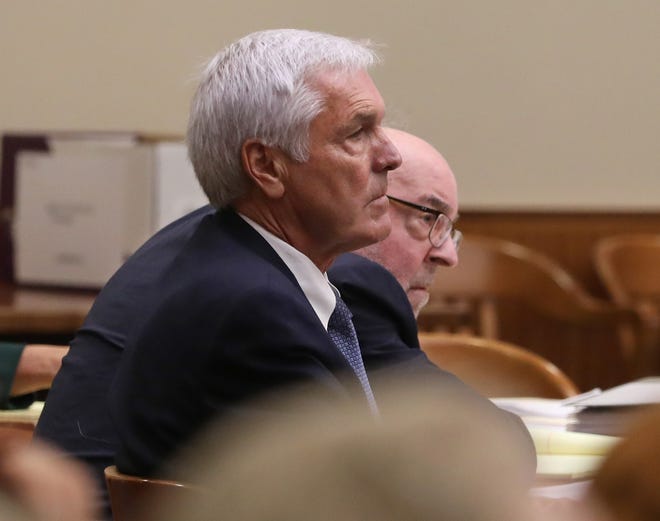James Krauseneck Jr., right, with his defense attorney William Easton, listens to his defense co-council Michael Wolford give their opening statement as his murder trial begins at the Hall of Justice in Rochester Tuesday, Sept. 6, 2022. 