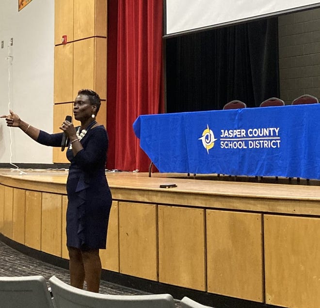 Jasper County School District Superintendent Rechel Anderson spoke to those in attendance during the district's second session of Jasper Chronicles Tuesday, Aug. 30 in Ridgeland.