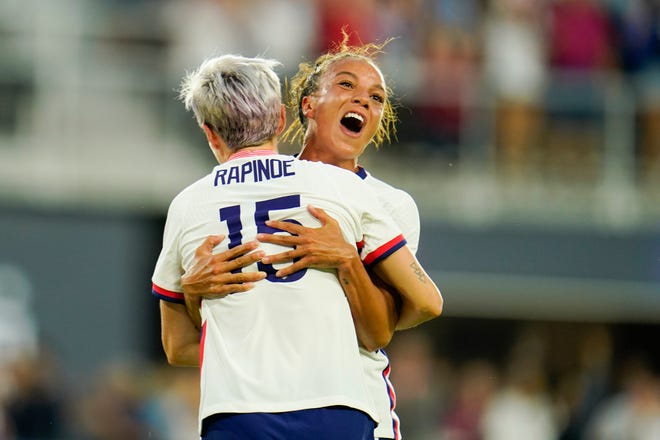 Palo Cedro native Megan Rapinoe, left, and Mallory Pugh celebrate a goal by Rose Lavelle during the second half of the U.S. team's international friendly soccer match against Nigeria, on Tuesday, Sept. 6, 2022, in Washington.
