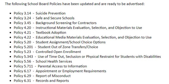 Screenshot of the list of updated district policies from the Sept. 6 School Board agenda