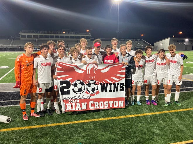 Milford soccer coach Brian Croston got his 200th win with the Eagles program Tuesday night, Sept. 6, 2022.