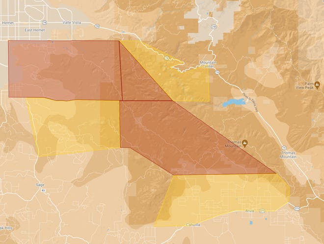 Map showing the current areas covered by evacuation orders (in red) and evacuation watches (in yellow) for the Fairview fire burning near Hemet.  The map is accurate as of 9:30 a.m. on Wednesday, September 7, 2022.