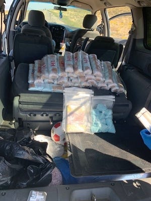 The Nevada State Police released this photo of a vehicle found with more than 50 pounds of suspected fentanyl on Monday north of Ely in White Pine County. The driver was arrested.