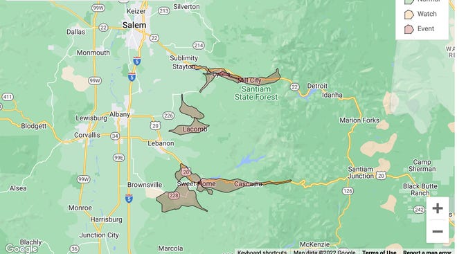 Pacific Power said it may shut down power in the Santiam Canyon down to outside Lebanon on Friday into Saturday due to extreme wildfire danger.