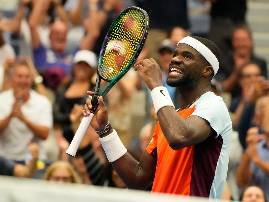 Frances Tiafoe gets the crowd going during the second set tie break against Andrey Rublev.