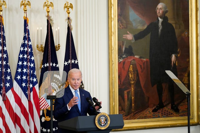 President Joe Biden speaks during a ceremony in the East Room of the White House in Washington, Wednesday, Sept. 7, 2022, for the unveiling of the Obama's official White House portraits.