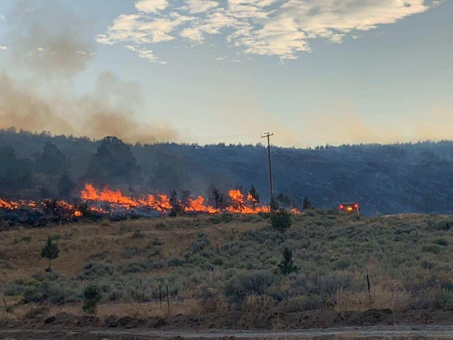 The 297-acre Coyote Fire burns 10 miles southeast of Dorris on Thursday Sept. 8, 2022.