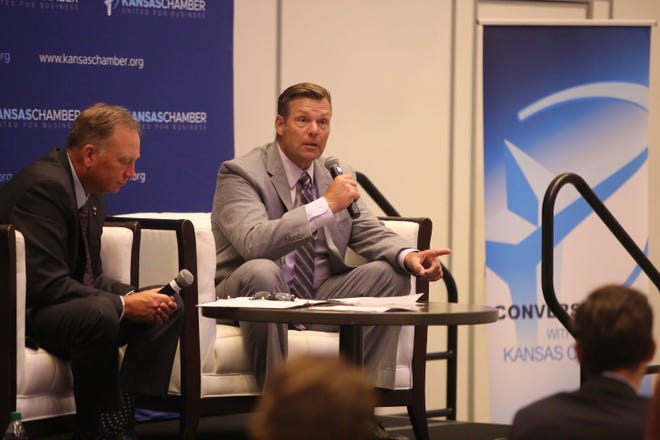 Former Secretary of State Kris Kobach, speaking at a Kansas Chamber event Wednesday, said he is working to shut down the embattled We Build the Wall group.