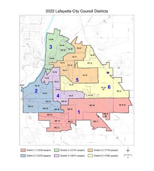 The newly proposed Lafayette City Council district map, which was approved on first reading at the Sept. 6 Lafayette City Council meeting.