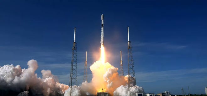 A SpaceX Falcon 9 launches on the company's 50th Starlink mission, sending 53 of its internet satellites to orbit lifting off from Cape Canaveral Space Force Station's SLC-40 on Thursday, June 7, 2022. (SpaceX/TNS)