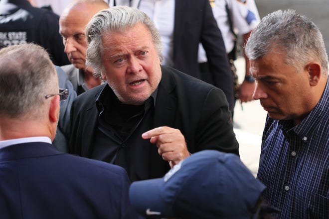 Steve Bannon, former advisor to former President Donald Trump arrives at the NY District Attorneys office to turn himself in on Sept. 8, 2022 in New York City. He and others have been alleged to have defrauded contributors to a private $25 million fundraising effort to build a wall along the U.S.-Mexico border.