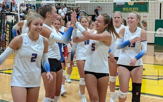 Warner volleyball players celebrate after winning Game 4 against Northwestern to take the match 3-1 Thursday night in Mellette.