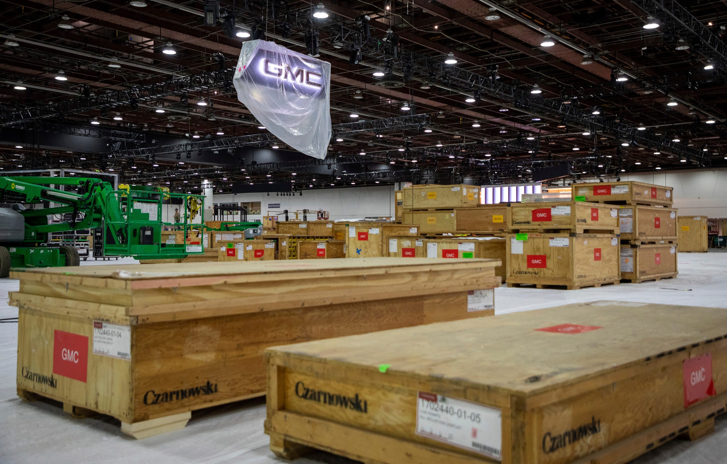 Large wooden crates rest on the GMC staging area inside the Huntington Place convention center in Detroit on Wednesday, Sept. 7, 2022.