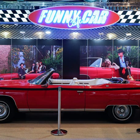 Gonzo Journalist Hunter S. Thompson's "Red Shark" 1973 Chevrolet Caprice Convertible is on display during the The Jim Irsay Collection exhibition, featuring a performance by The Jim Irsay Band, on Friday, Sept. 9, 2022, at Lucas Oil Stadium in Indianapolis. 