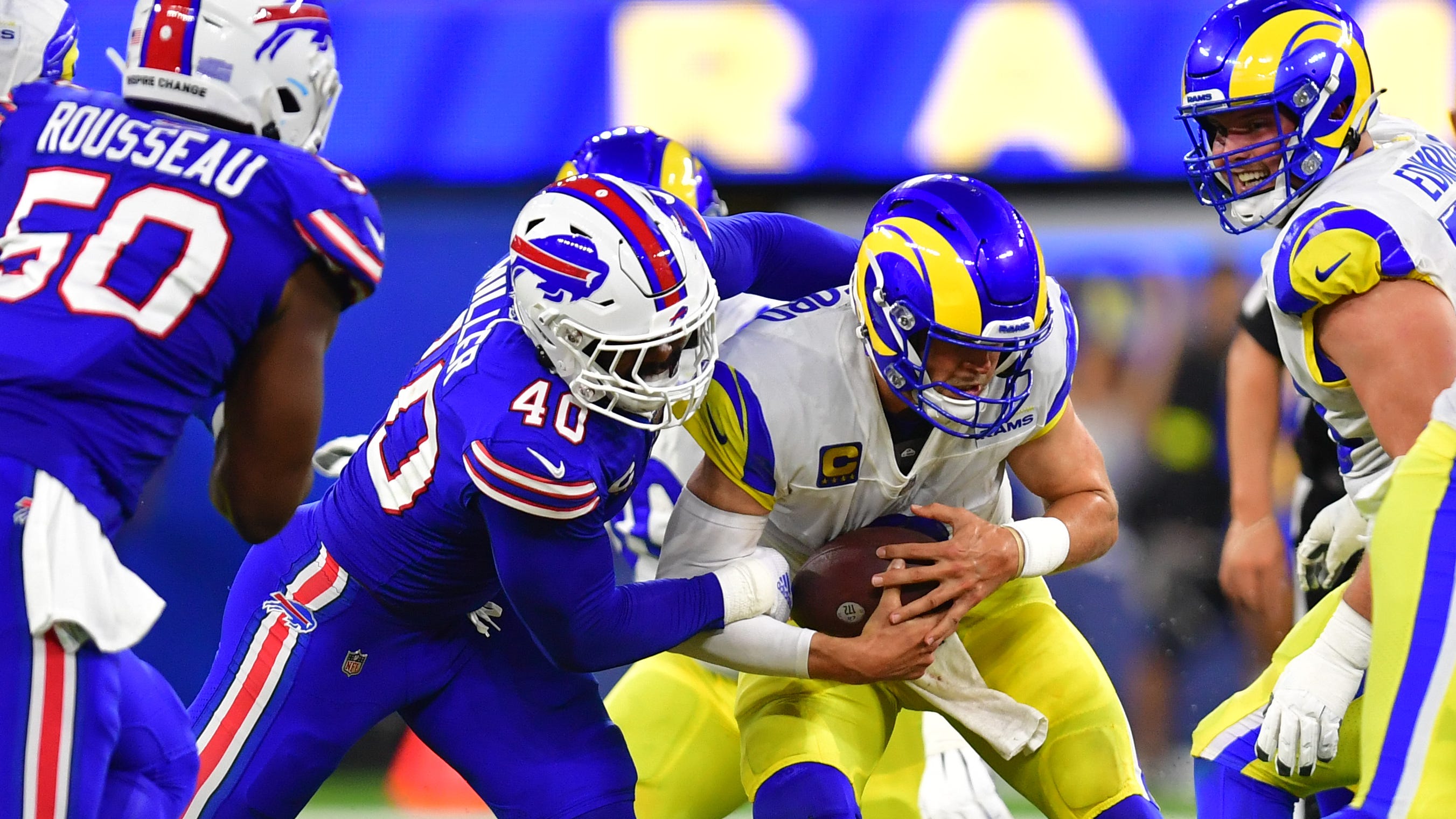 New Bills LB Von Miller (40) made life hard on former Rams teammate Matthew Stafford on Thursday night.