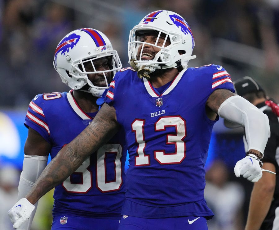 Bills WR Gabe Davis (13) celebrates during his team's win over the Rams in the 2022 kickoff game.