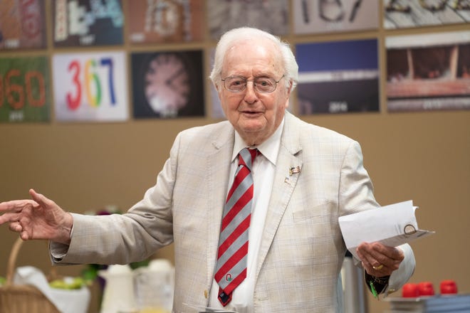 Condemned homes, missing out on lady lead information 5 Frank Dick, wearing a scarlet and gray tie for his beloved Ohio State Buckeyes, speaks Oct. 16, 2018, at the unveiling of the Frank and Shirley Dick Legacy Circle at Hospice of Lenawee's residence in Adrian. Dick, a philanthropist who supported many causes in Lenawee County, died Sept. 5, 2022, at the age of 96.