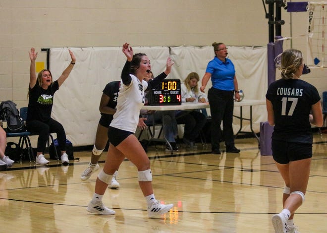 Sydney Anderes celebrates a point against Abilene at the Southeast of Saline invitational Sept. 10.