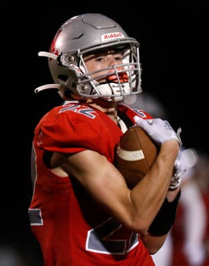West Lafayette Red Devils Wyatt Curl (22) intercepts a pass during the IHSAA football game against the Central Catholic, Friday, Sept. 9, 2022, at Straley Field in West Lafayette, Ind. 