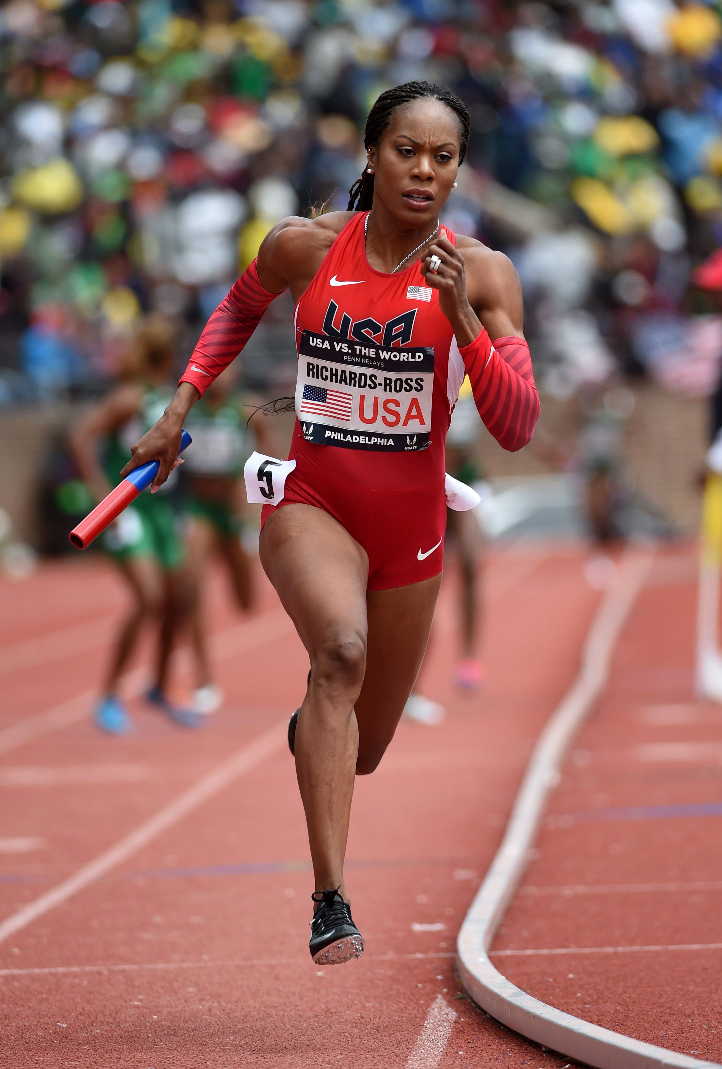 Sanya Richards-Ross runs the anchor leg on the United States women's 4 x 400m relay that won the USA vs. The World race in 3:26.83 during the 122nd Penn Relays at Franklin Field on Apr. 30, 2016.