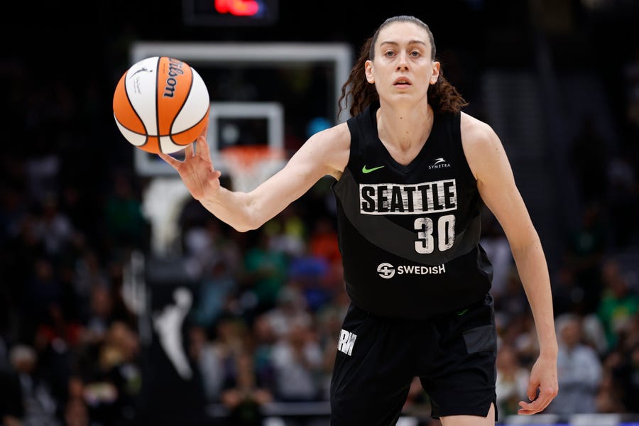 Breanna Stewart #30 of the Seattle Storm passes against the Las Vegas Aces during the third quarter in Game Four of the 2022 WNBA Playoffs semifinals at Climate Pledge Arena on Sept. 6, 2022, in Seattle, Washington.