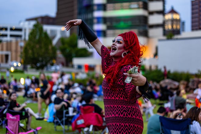 Sky Hye Kye dances through the crowd during the drag show at Saturday's Oklahomans For Equality Bartlesville Pride event.