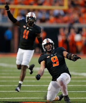 Oklahoma State defensive end Brock Martin (9) will be among 26 seniors recognized ahead of Saturday's game against West Virginia.
