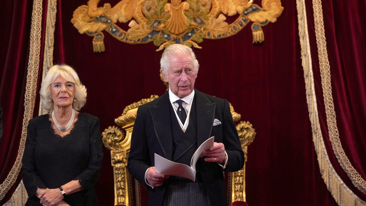 King Charles III and Camilla, Queen Consort, look on during his proclamation as King during the accession council on September 10, 2022, in London, United Kingdom.