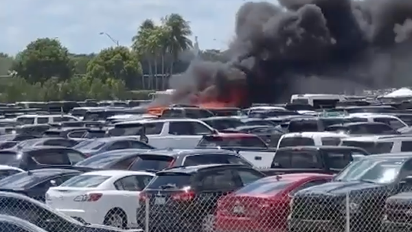 Multiple cars catch fire during the Miami Dolphins