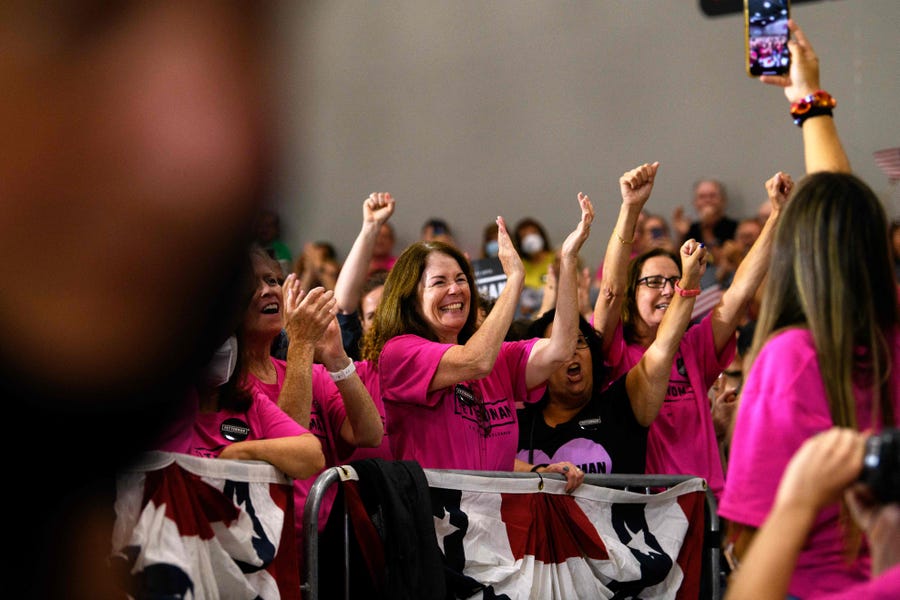 Supporters of Pennsylvania Lt. Governor and US senatorial candidate John Fetterman cheer during a "Women For Fetterman" rally at Montgomery County Community College in Blue Bell, Pennsylvania, on September 11, 2022.