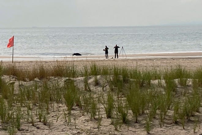 New York Police investigators examine a stretch of beach at Coney Island where three children were found dead in the surf, Monday, Sept. 12, 2022, in New York.