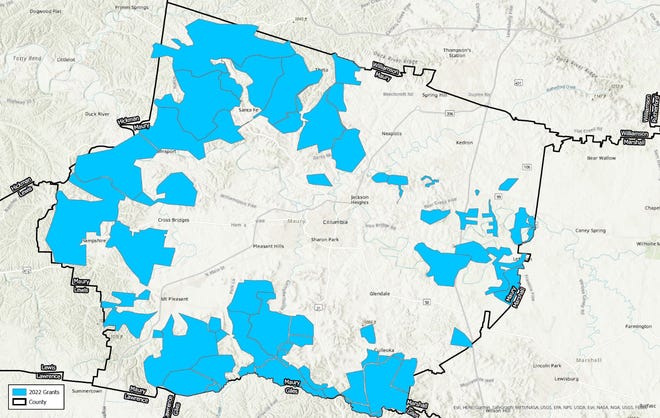 A map shows where the rural areas of the county will receive broadband access after Maury County won a state grant.