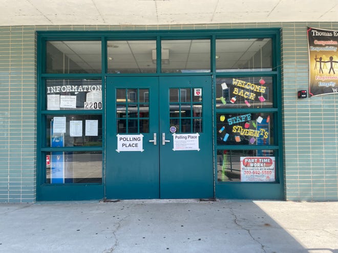 The doors at Thomas Edison Charter School in Wilmington, one polling place.